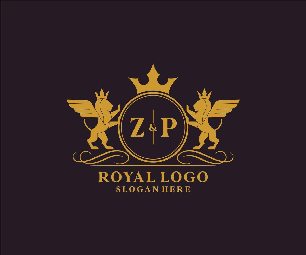 eerste zp brief leeuw Koninklijk luxe heraldisch, wapen logo sjabloon in vector kunst voor restaurant, royalty, boetiek, cafe, hotel, heraldisch, sieraden, mode en andere vector illustratie.