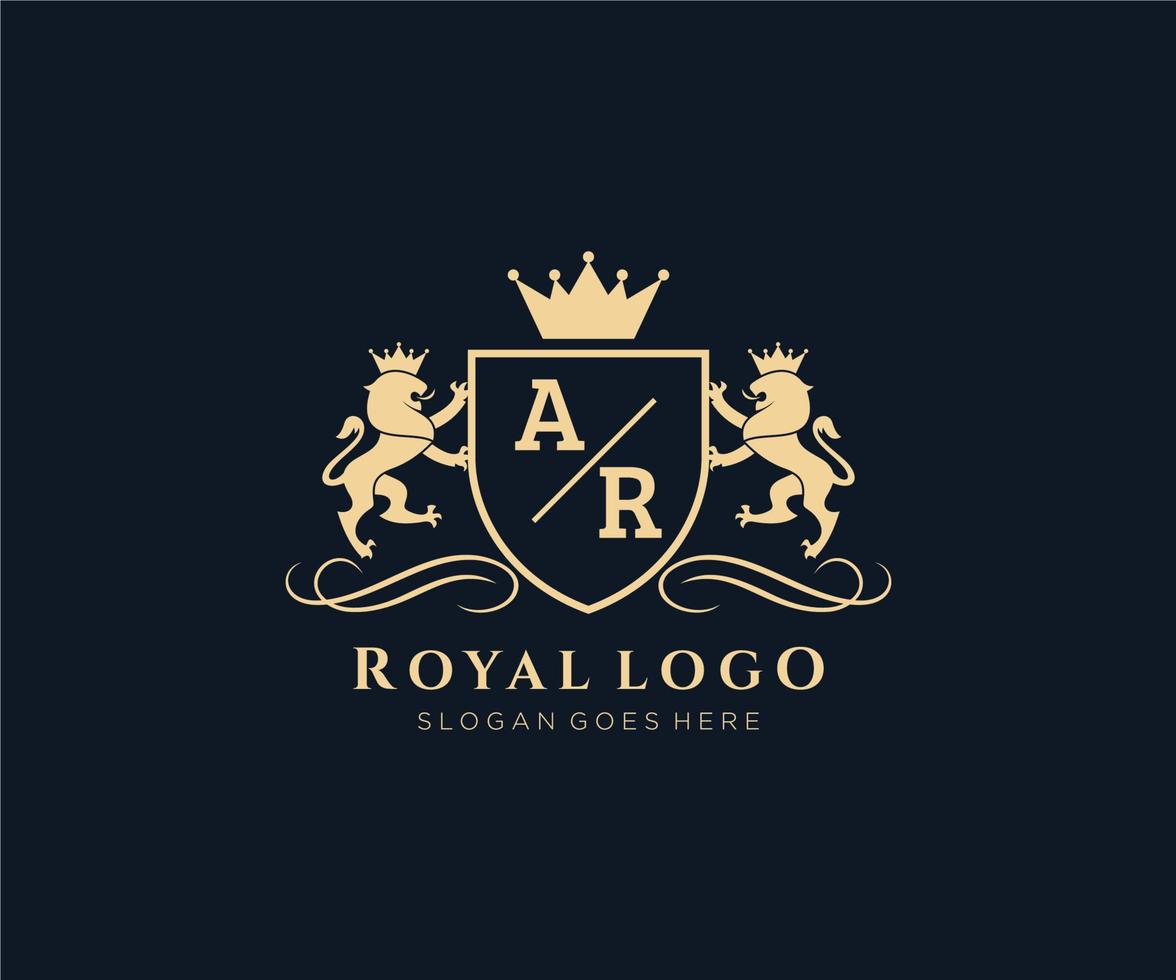 eerste ar brief leeuw Koninklijk luxe heraldisch, wapen logo sjabloon in vector kunst voor restaurant, royalty, boetiek, cafe, hotel, heraldisch, sieraden, mode en andere vector illustratie.