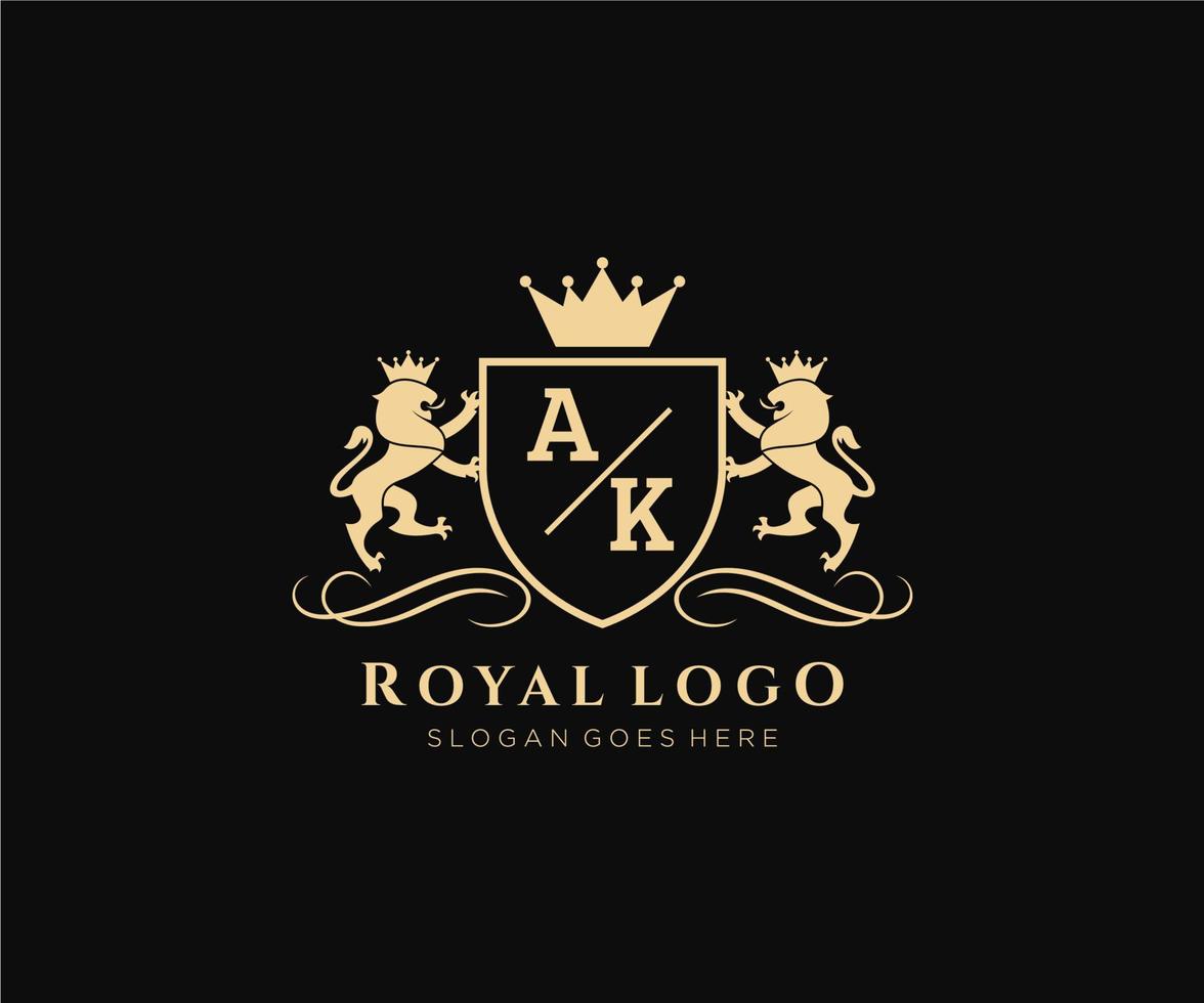 eerste ak brief leeuw Koninklijk luxe heraldisch, wapen logo sjabloon in vector kunst voor restaurant, royalty, boetiek, cafe, hotel, heraldisch, sieraden, mode en andere vector illustratie.