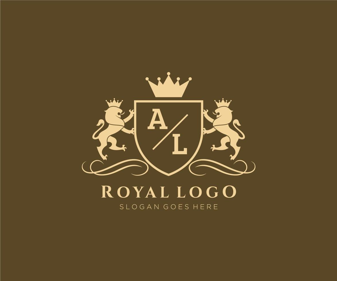 eerste al brief leeuw Koninklijk luxe heraldisch, wapen logo sjabloon in vector kunst voor restaurant, royalty, boetiek, cafe, hotel, heraldisch, sieraden, mode en andere vector illustratie.
