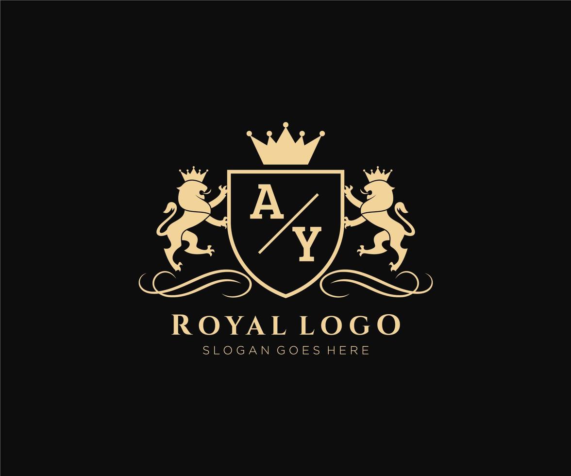 eerste ay brief leeuw Koninklijk luxe heraldisch, wapen logo sjabloon in vector kunst voor restaurant, royalty, boetiek, cafe, hotel, heraldisch, sieraden, mode en andere vector illustratie.