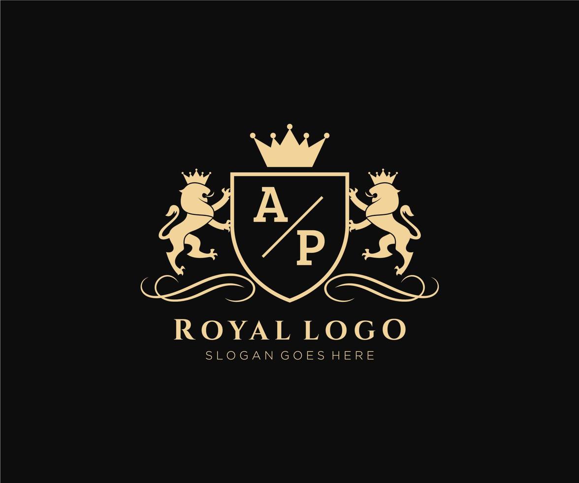 eerste ap brief leeuw Koninklijk luxe heraldisch, wapen logo sjabloon in vector kunst voor restaurant, royalty, boetiek, cafe, hotel, heraldisch, sieraden, mode en andere vector illustratie.