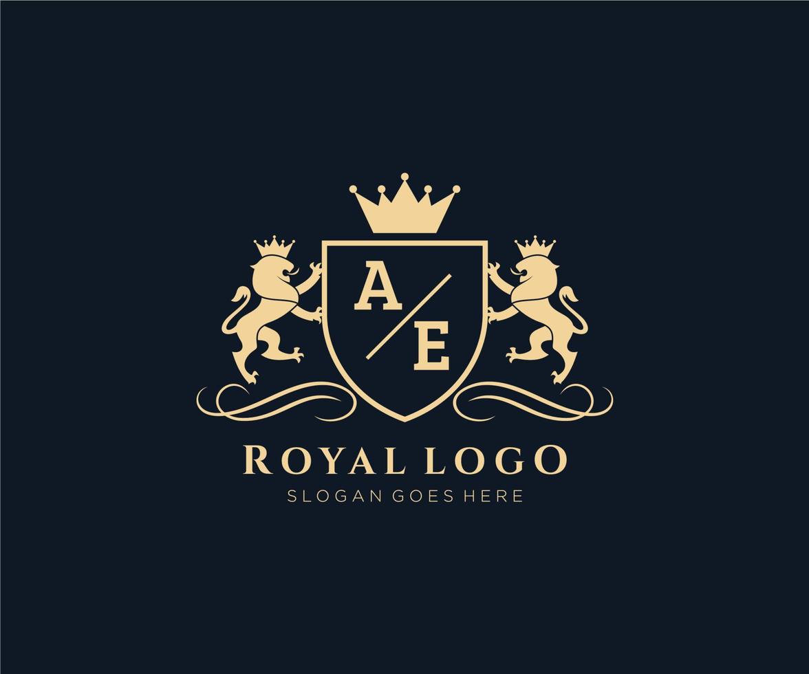 eerste ae brief leeuw Koninklijk luxe heraldisch, wapen logo sjabloon in vector kunst voor restaurant, royalty, boetiek, cafe, hotel, heraldisch, sieraden, mode en andere vector illustratie.