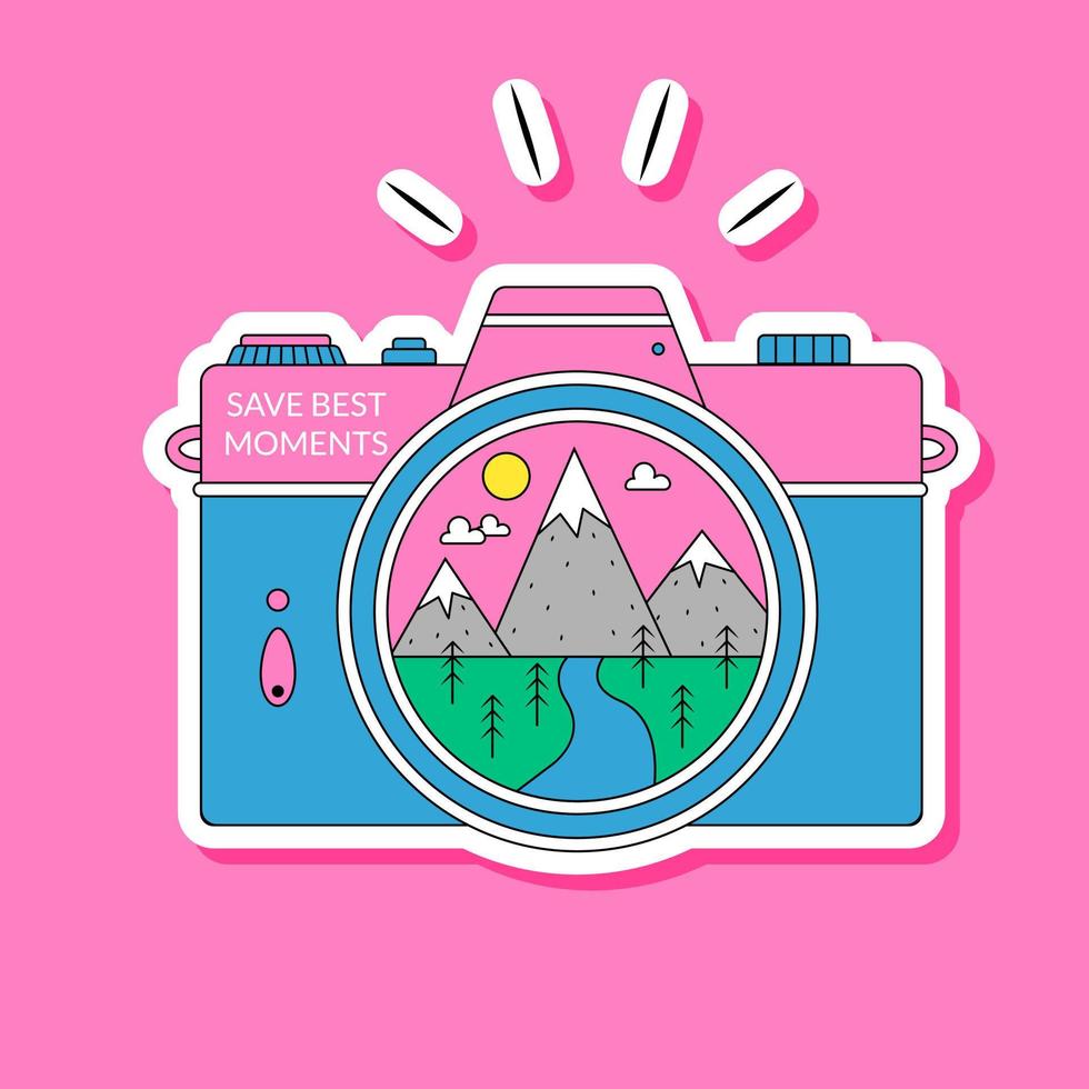 camera sticker opslaan de momenten reizen avontuur retro groovy stijl vector