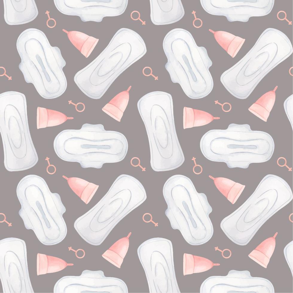 naadloos patroon van menstruatie- stootkussens en menstruatie- kop Aan een grijs achtergrond. verpakking voor vrouw intiem hygiëne producten. persoonlijk hygiëne Product voor Dames. waterverf illustratie. vector