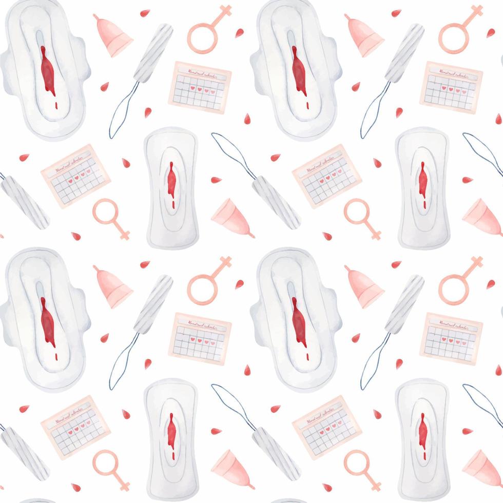 naadloos patroon van met bloed bevlekt menstruatie- maandverband, tampons, kalender en menstruatie- beker. verpakking voor vrouw intiem hygiëne producten. persoonlijk hygiëne Product voor Dames. waterverf illustratie. vector