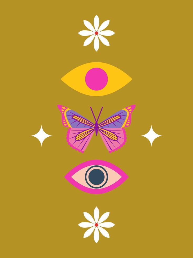 jaren 70 retro opwekking hippie concept. vlinder, ogen, groovy bloemen. poster, banier, folder, kaart, muur kunst ontwerp. retro opwekking gevoel vector