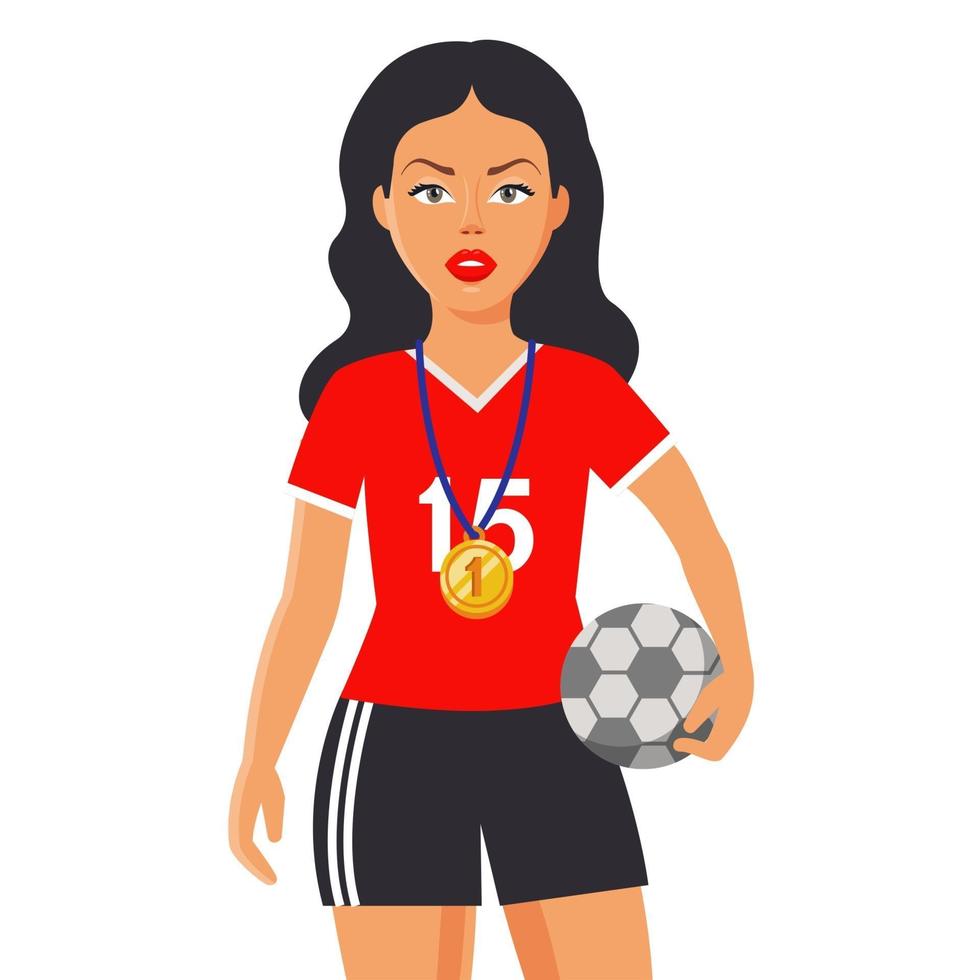 meisje in een sportuniform houdt een bal vast. op haar borst hangt een gouden medaille. platte karakter vectorillustratie vector