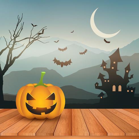 Halloween-pompoen tegen griezelig landschap vector