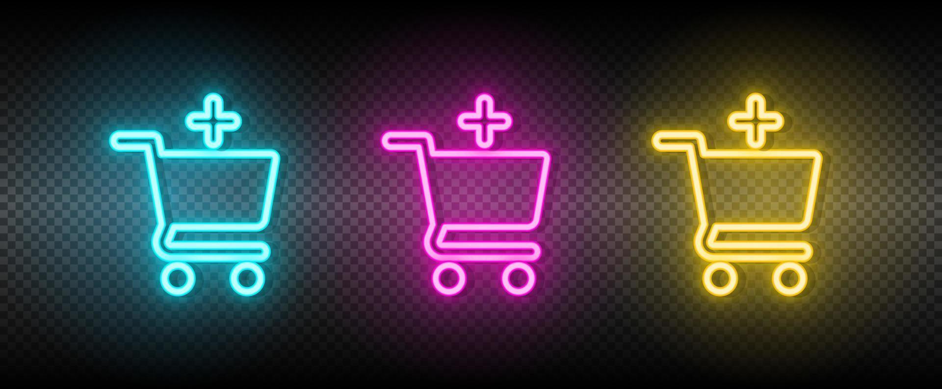 toevoegen, kopen, winkel neon vector icoon. illustratie neon blauw, geel, rood icoon reeks