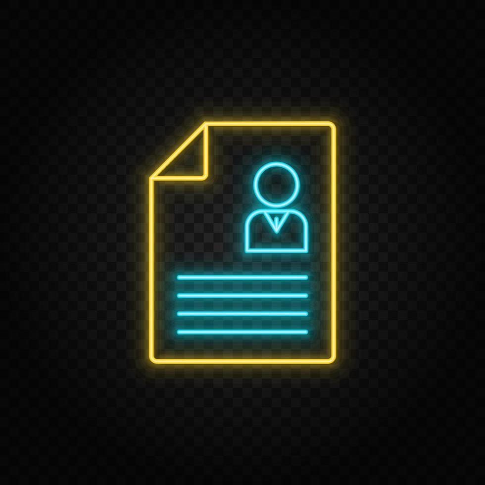 contract, CV neon icoon. blauw en geel neon vector icoon. transparant achtergrond