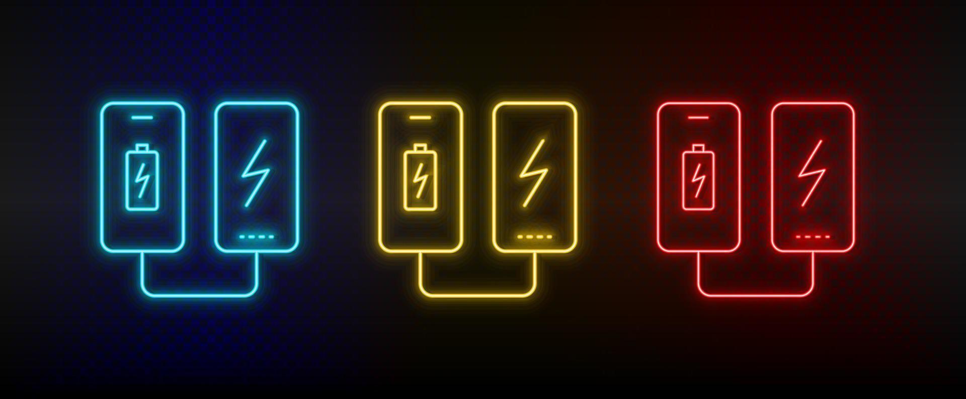 neon icoon reeks mobiel, accu. reeks van rood, blauw, geel neon vector icoon Aan transparantie donker achtergrond