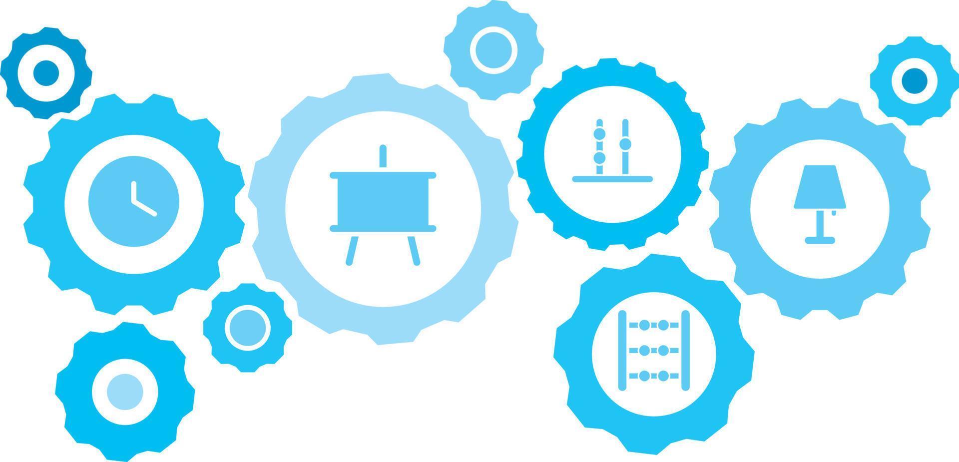verbonden versnellingen en pictogrammen voor logistiek, onderhoud, Verzenden, verdeling, vervoer, markt, communiceren concepten, lampje uitrusting blauw icoon set. levering mechanisme concept. Aan wit achtergrond vector