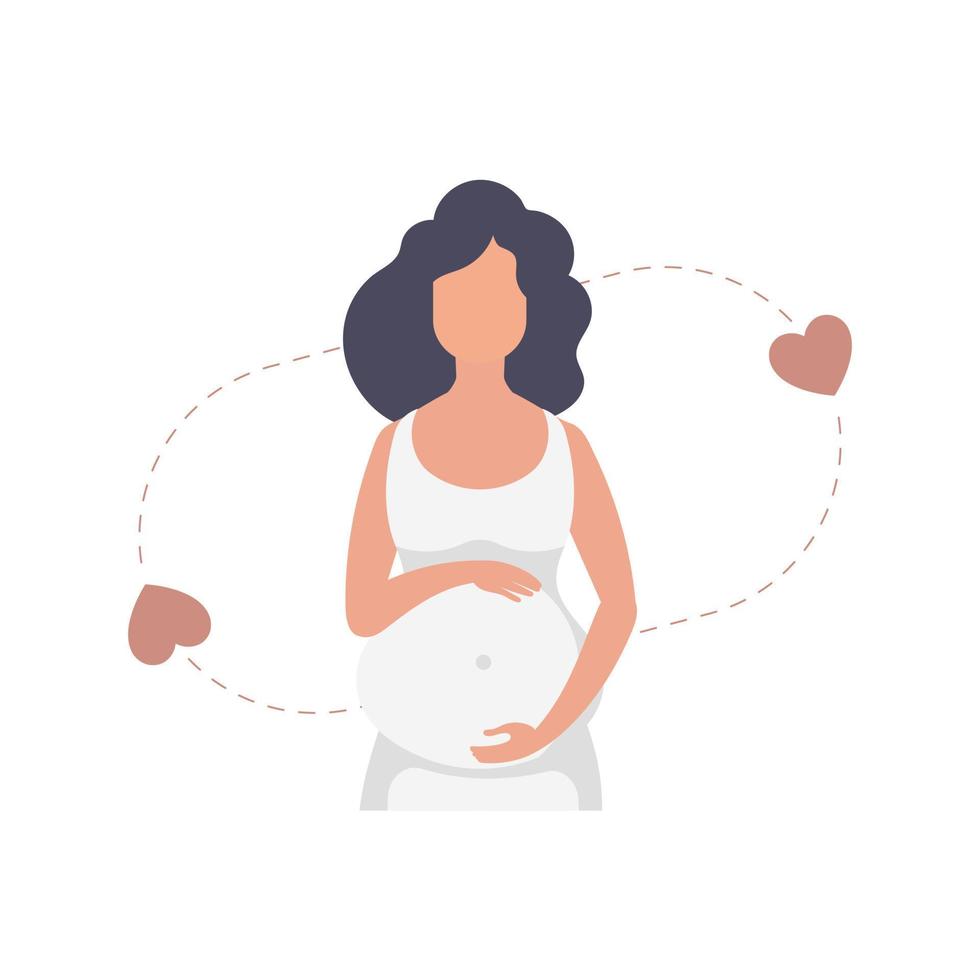 een zwanger vrouw liefdevol houdt haar lager buikspier. geïsoleerd Aan wit achtergrond. vector illustratie.