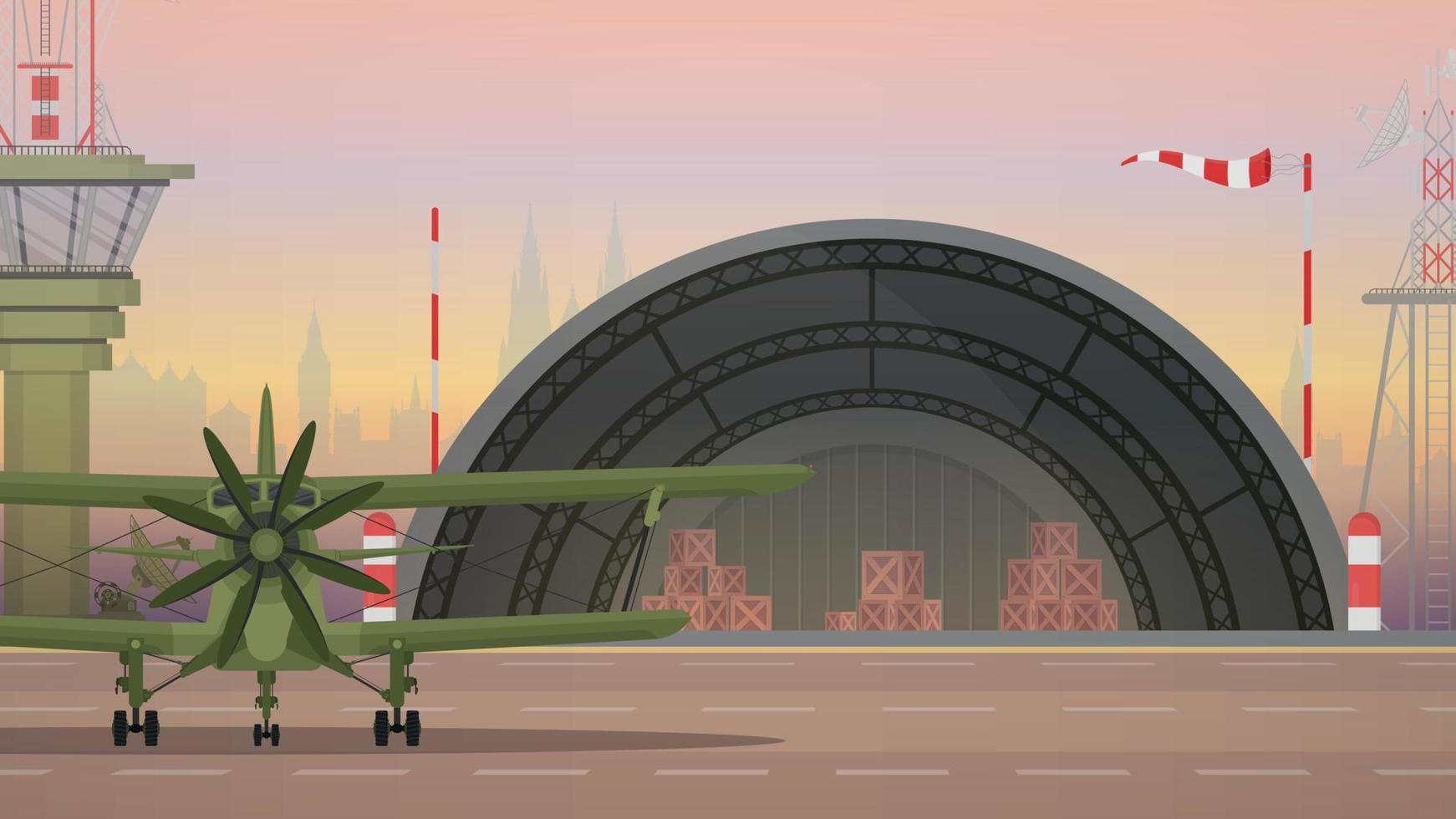 leger luchthaven, uittrekken strip en luchtvaart controle punt. tekenfilm stijl. vector