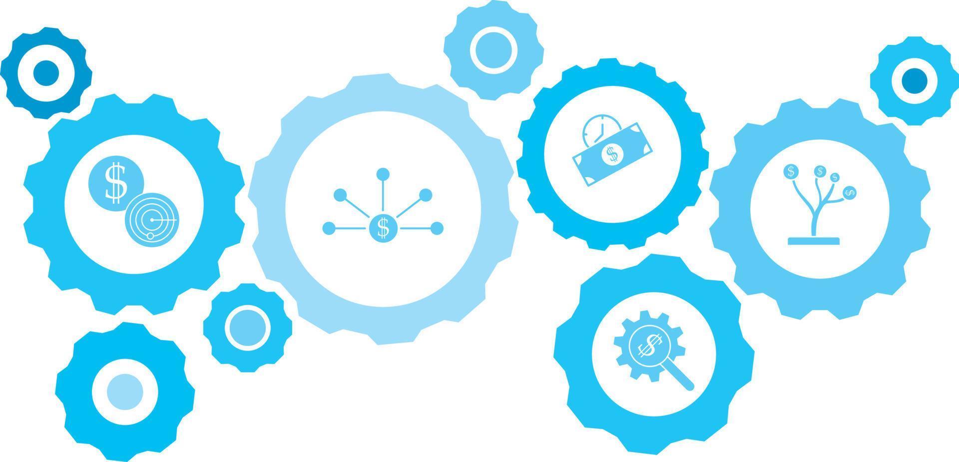 verbonden versnellingen en vector pictogrammen voor logistiek, onderhoud, Verzenden, verdeling, vervoer, markt, communiceren concepten. uitrusting blauw icoon setanalytics, analyse .