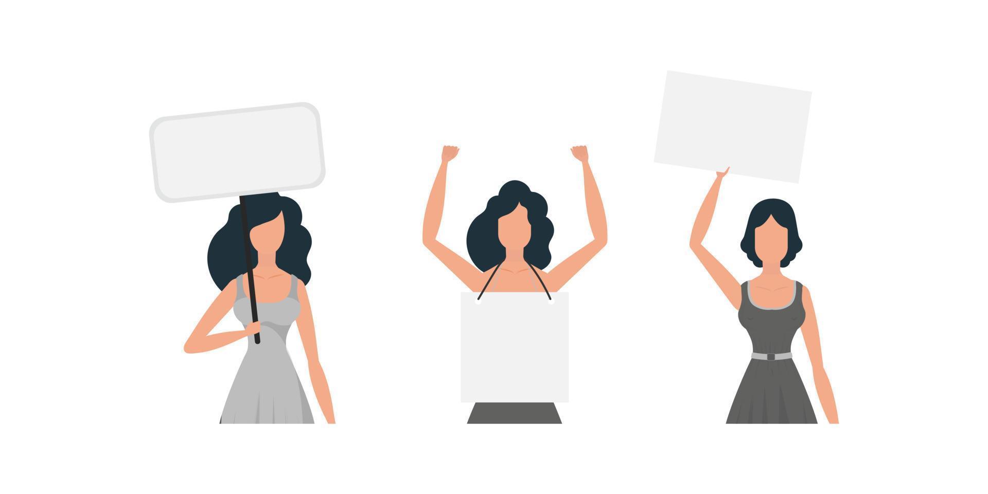 een reeks van vol lichaam meisjes protest met een spandoek. geïsoleerd Aan wit achtergrond. vlak stijl. vector. vector