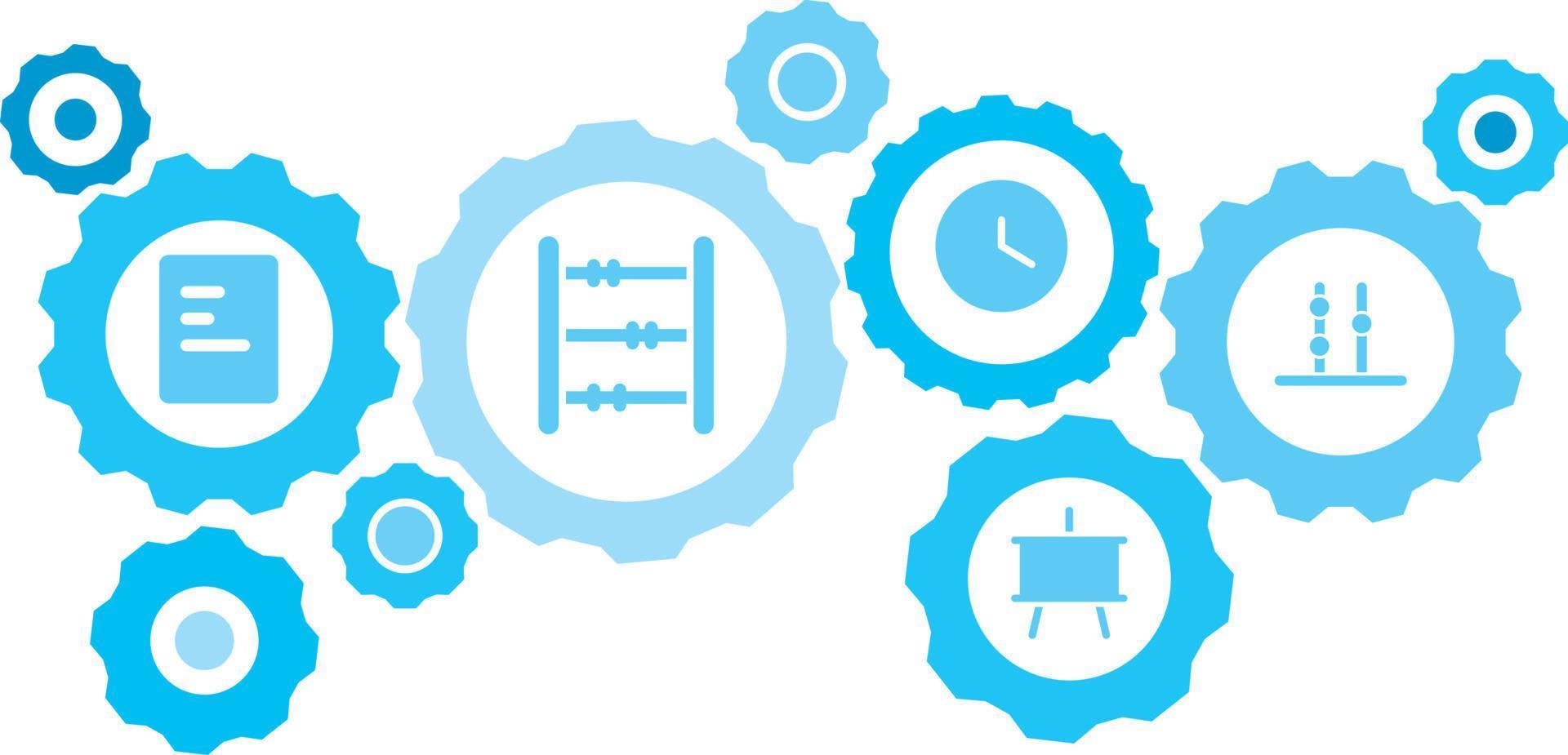 verbonden versnellingen en pictogrammen voor logistiek, onderhoud, Verzenden, verdeling, vervoer, markt, communiceren concepten, telraam, tellen uitrusting blauw icoon set. levering mechanisme concept. Aan wit achtergrond vector