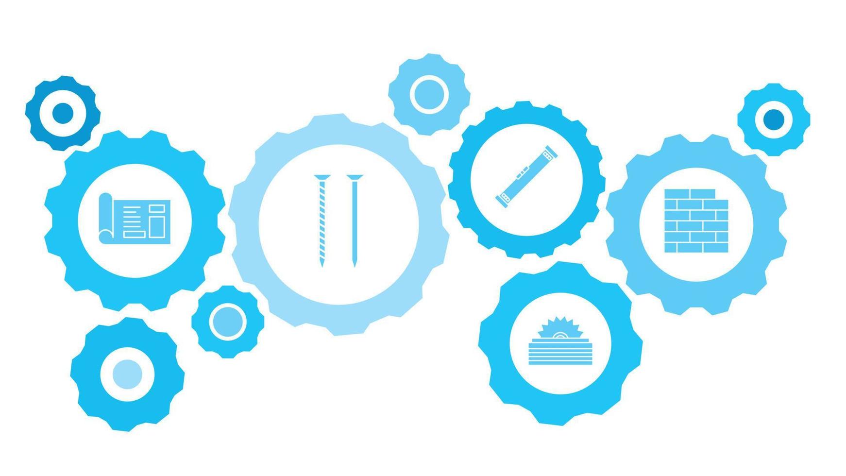 verbonden versnellingen en vector pictogrammen voor logistiek, onderhoud, Verzenden, verdeling, vervoer, markt, communiceren concepten. gebouw, bouw, industrie, steen uitrusting blauw icoon reeks Aan wit achtergrond