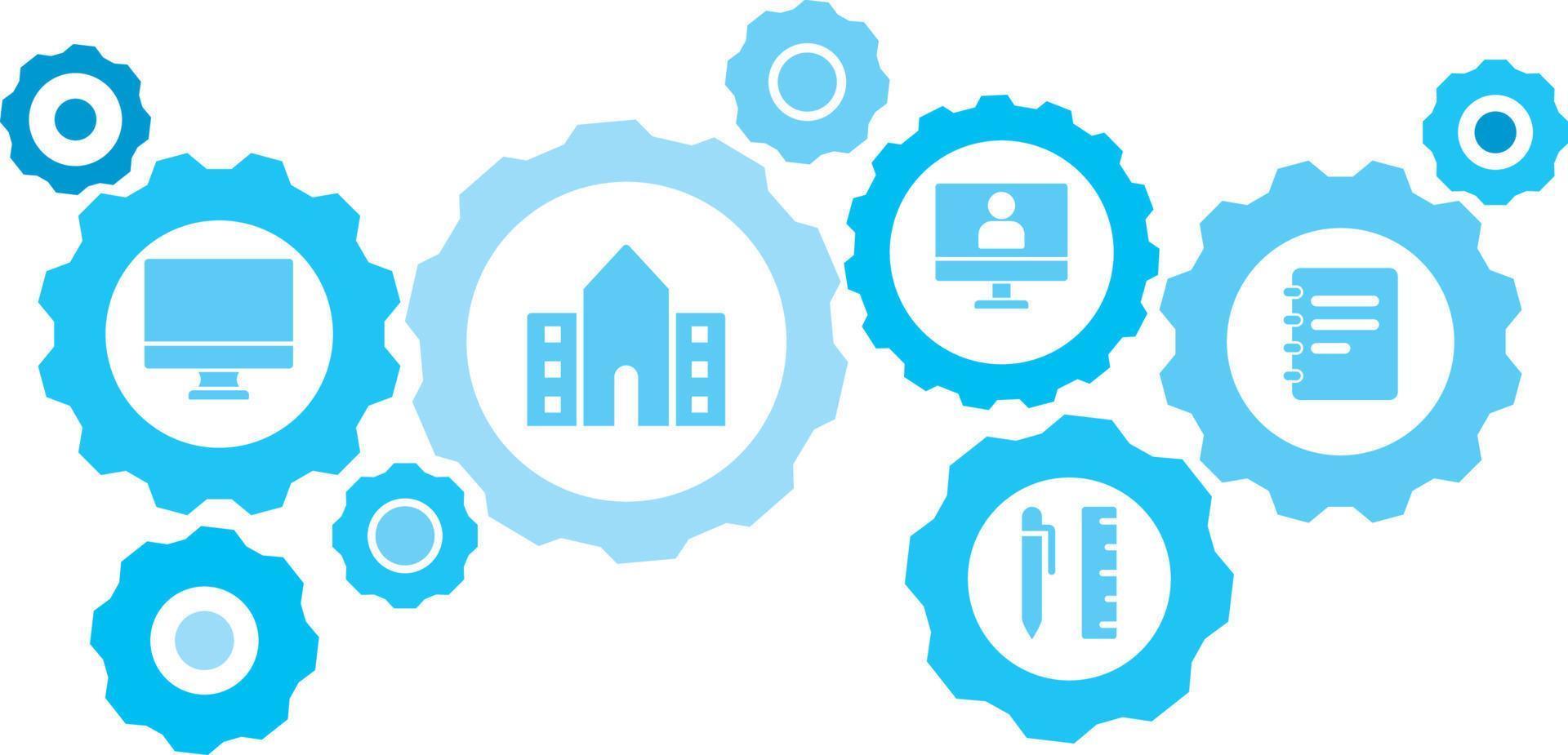 verbonden versnellingen en pictogrammen voor logistiek, onderhoud, Verzenden, verdeling, vervoer, markt, communiceren concepten, geklets, notitieboekje uitrusting blauw icoon set. levering mechanisme concept. Aan wit achtergrond vector