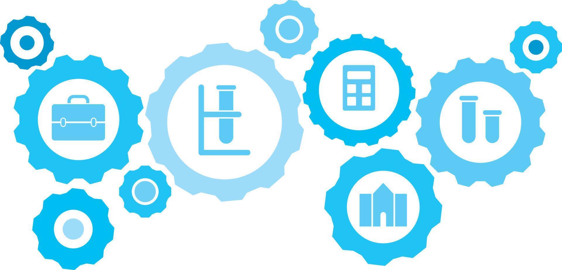 verbonden versnellingen en pictogrammen voor logistiek, onderhoud, Verzenden, verdeling, vervoer, markt, communiceren concepten, laboratorium glaswerk uitrusting blauw icoon set. levering mechanisme concept. Aan wit achtergrond vector