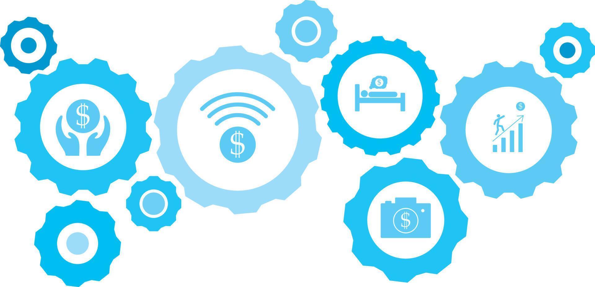 verbonden versnellingen en vector pictogrammen voor logistiek, onderhoud, Verzenden, verdeling, vervoer, markt, communiceren concepten. uitrusting blauw icoon financiën instellen, financieel radar .
