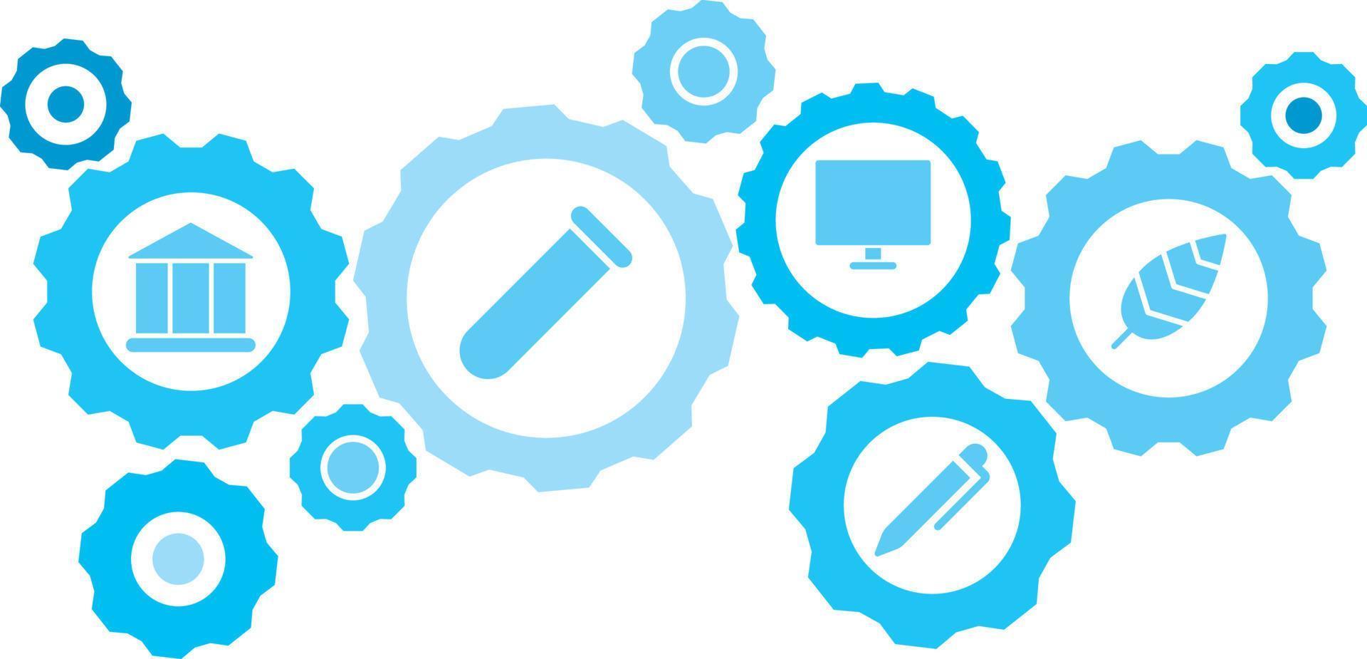 verbonden versnellingen en pictogrammen voor logistiek, onderhoud, Verzenden, verdeling, vervoer, markt, communiceren concepten, vogel veer uitrusting blauw icoon set. levering mechanisme concept. Aan wit achtergrond vector