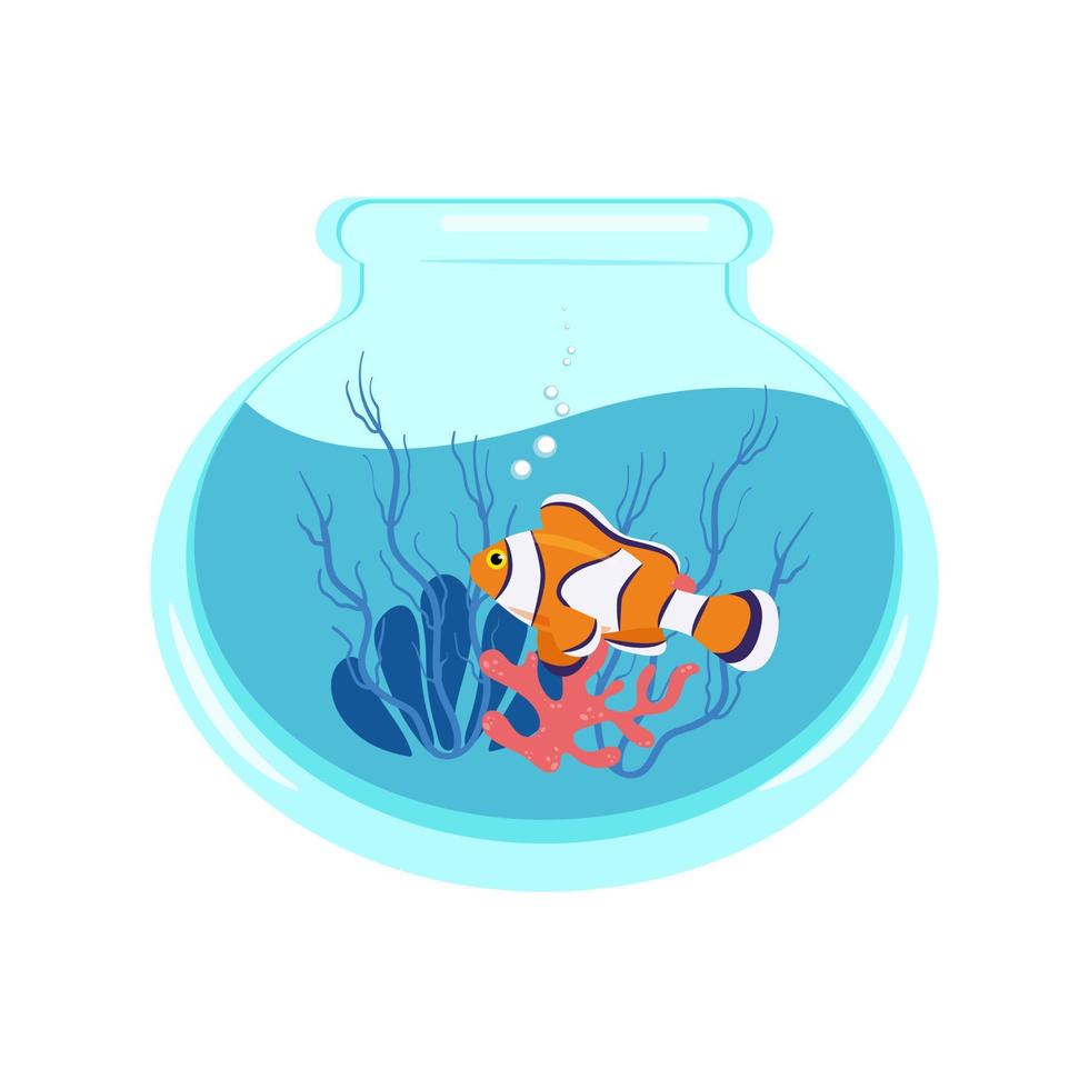 clown vis in een aquarium met koralen en algen, vector illustratie van een aquarium in een vlak stijl. afdrukken voor kleren