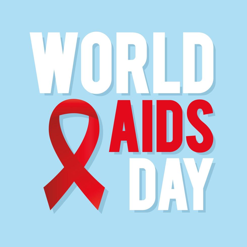 wereld aids dag belettering met een rood lint op een blauwe achtergrond vector
