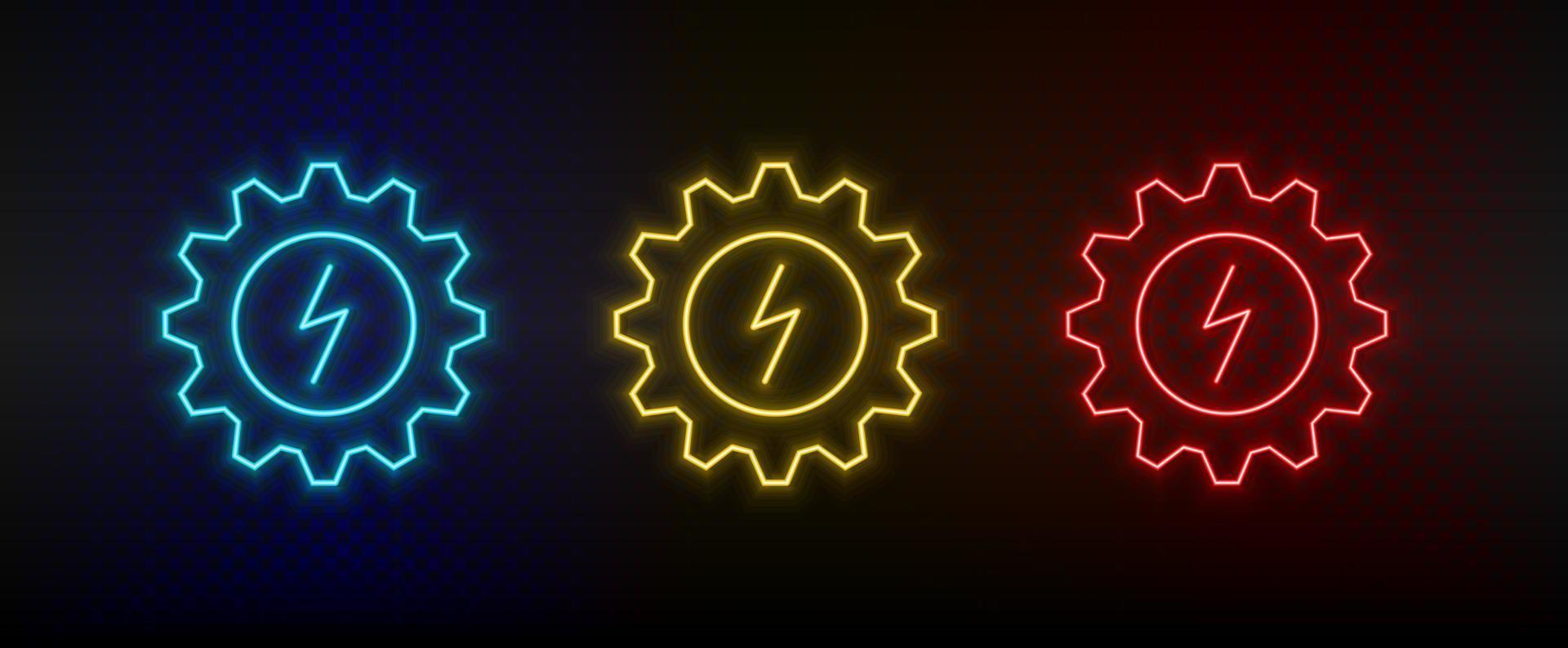 neon icoon reeks instelling, ecologisch, verlichting. reeks van rood, blauw, geel neon vector icoon Aan transparantie donker achtergrond