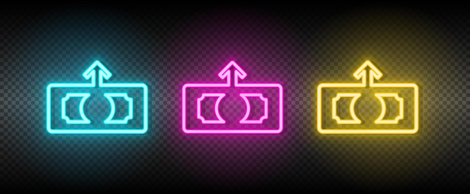 contant geld, financiën, geld neon vector icoon. illustratie neon blauw, geel, rood icoon reeks