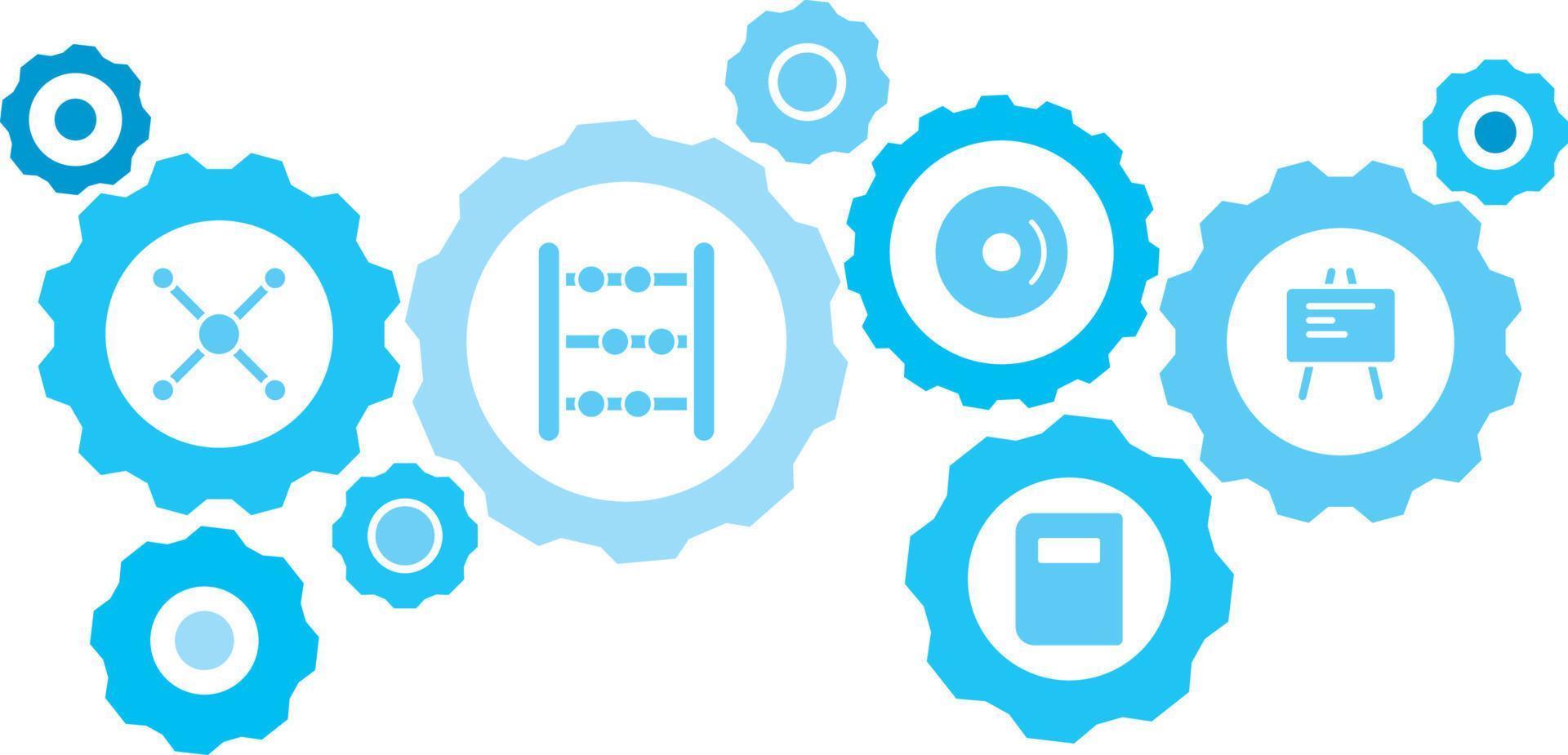 verbonden versnellingen en pictogrammen voor logistiek, onderhoud, Verzenden, verdeling, vervoer, markt, communiceren concepten, bord uitrusting blauw icoon set. levering mechanisme concept. Aan wit achtergrond vector