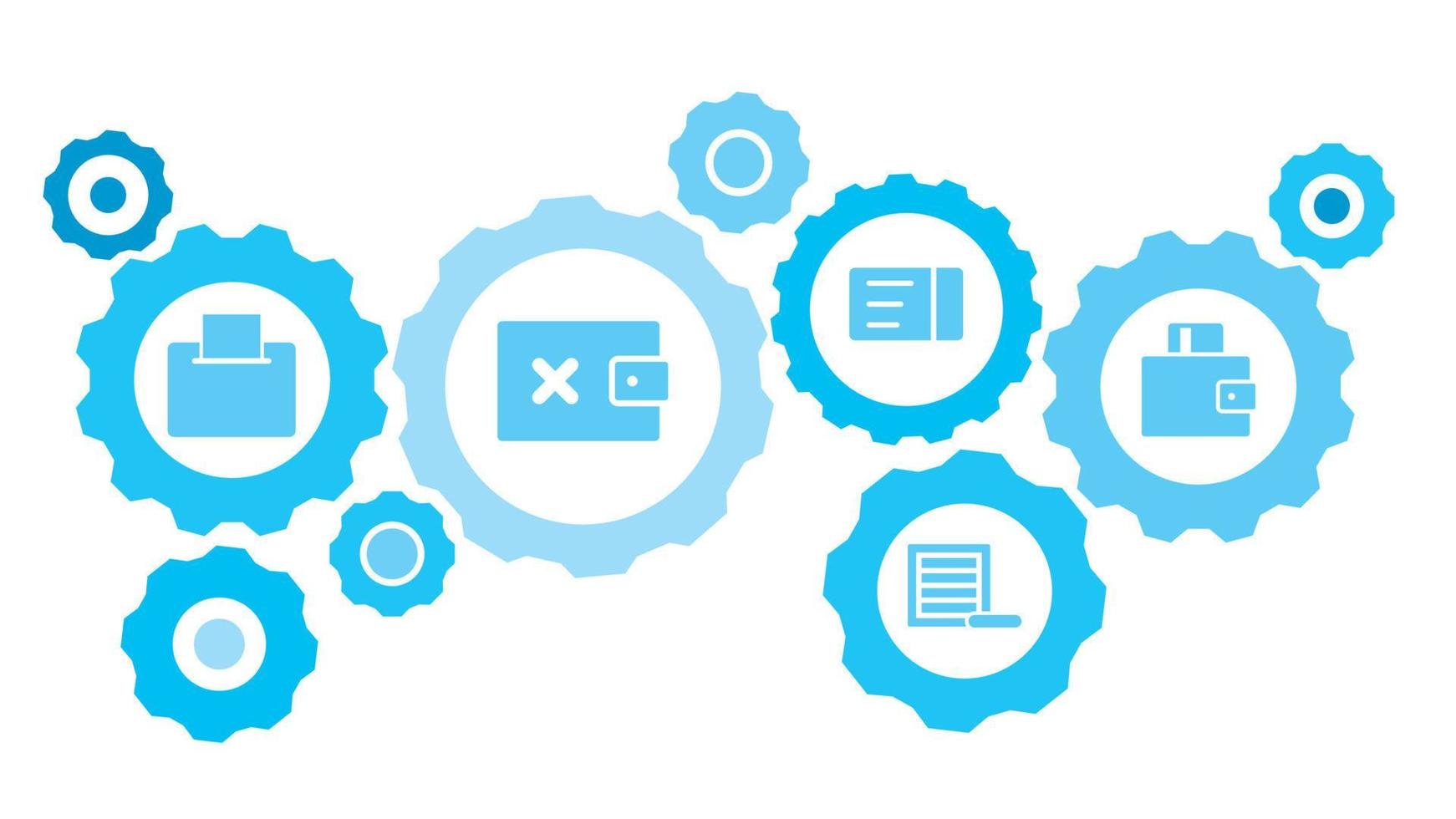 verbonden versnellingen en vector pictogrammen voor logistiek, onderhoud, Verzenden, verdeling, vervoer, markt, communiceren concepten. huis, verkocht uitrusting blauw icoon reeks Aan wit achtergrond