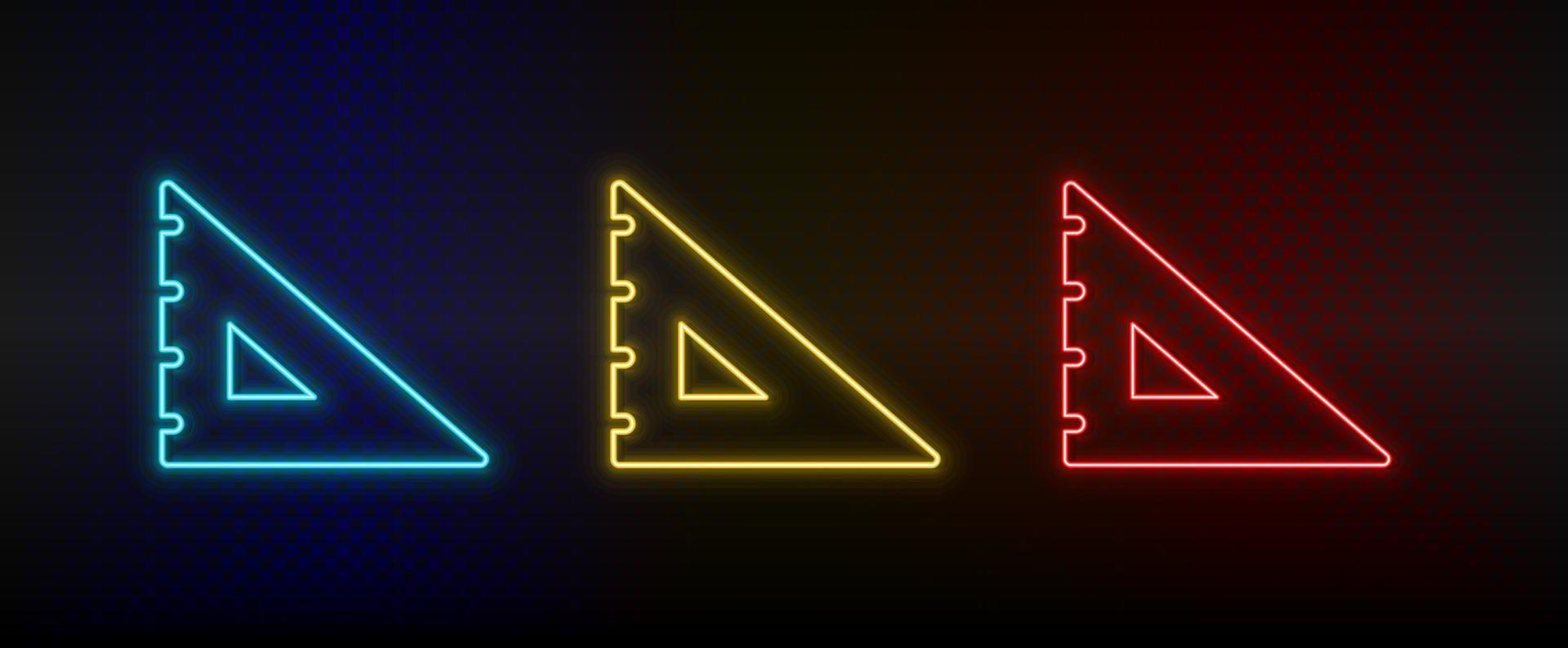 neon pictogrammen, mate vierkant, het opstellen van, geometrie hulpmiddel. reeks van rood, blauw, geel neon vector icoon Aan verduisteren transparant achtergrond