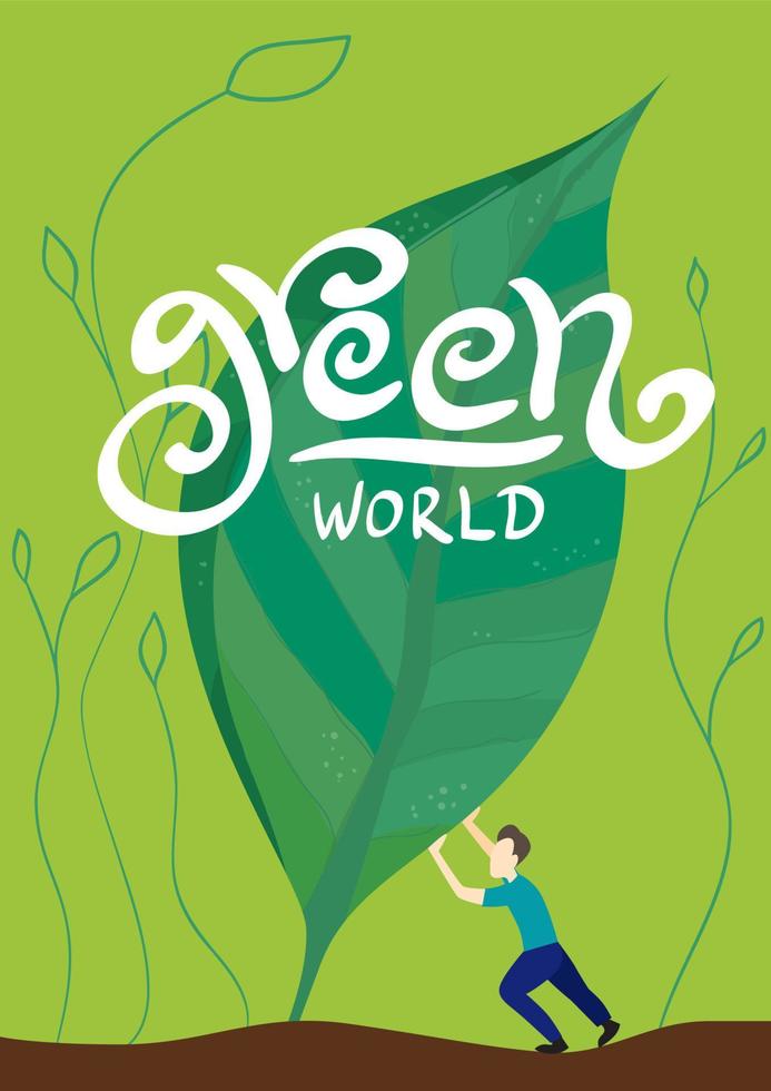 eco poster. Mens ondersteunt de boom. groen wereld belettering vector