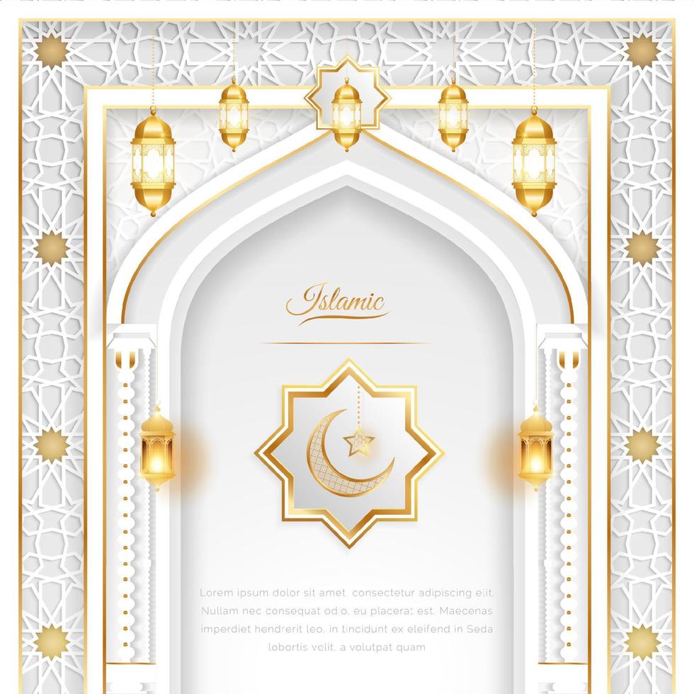 Ramadan Arabisch Islamitisch wit en gouden luxe sier- achtergrond met Islamitisch patroon en decoratief lantaarns vector