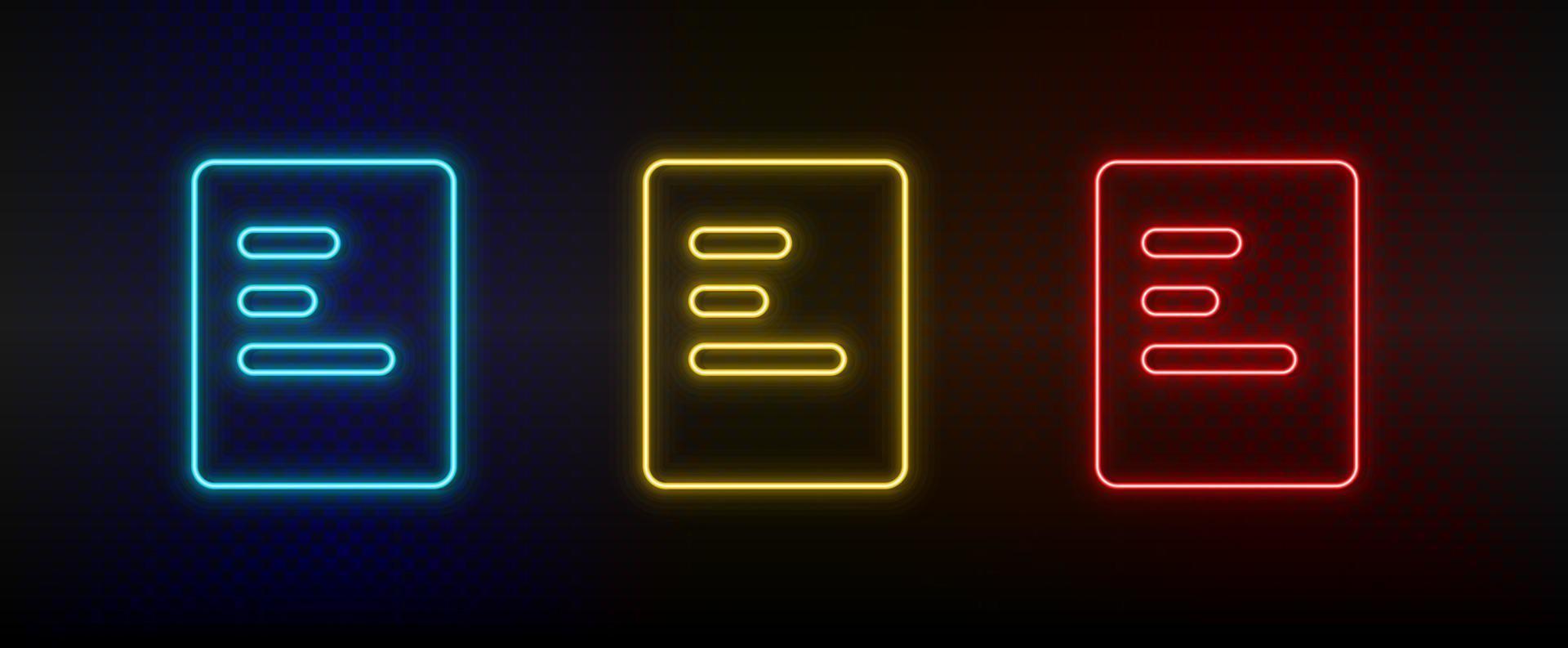 neon pictogrammen, document. reeks van rood, blauw, geel neon vector icoon Aan verduisteren transparant achtergrond