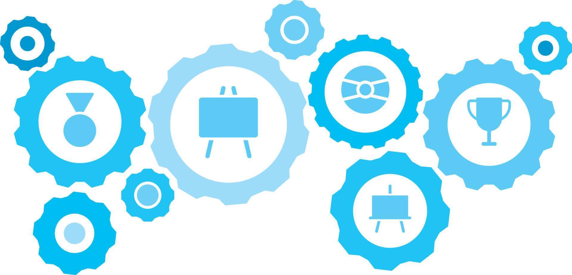 verbonden versnellingen en pictogrammen voor logistiek, onderhoud, Verzenden, verdeling, vervoer, markt, communiceren concepten, onderscheiding, beloning uitrusting blauw icoon set. levering mechanisme concept. Aan wit achtergrond vector