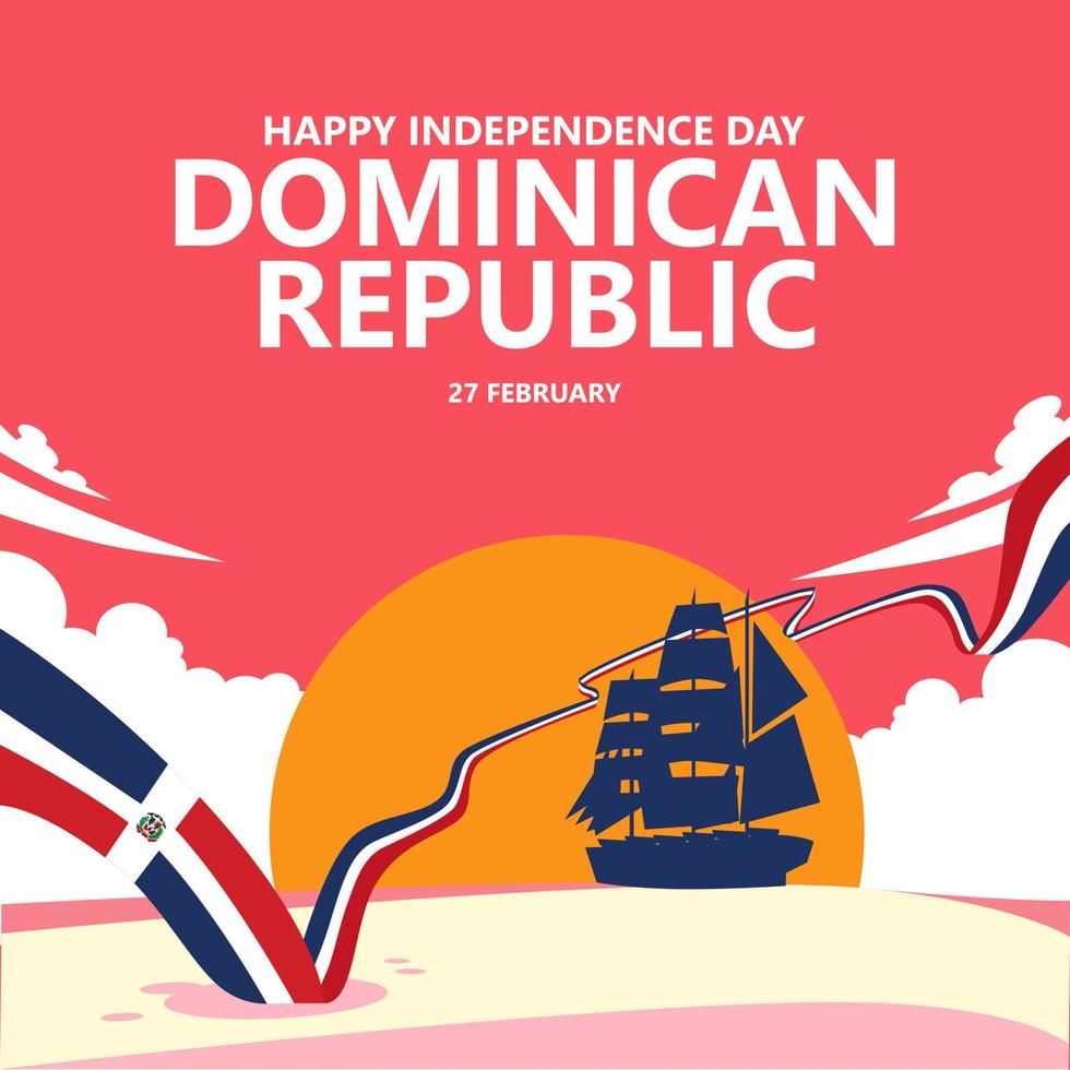 dominicaans republiek onafhankelijkheid dag vector illustratie met een lang nationaal vlag en schip silhouet binnen pink schemer landschap.