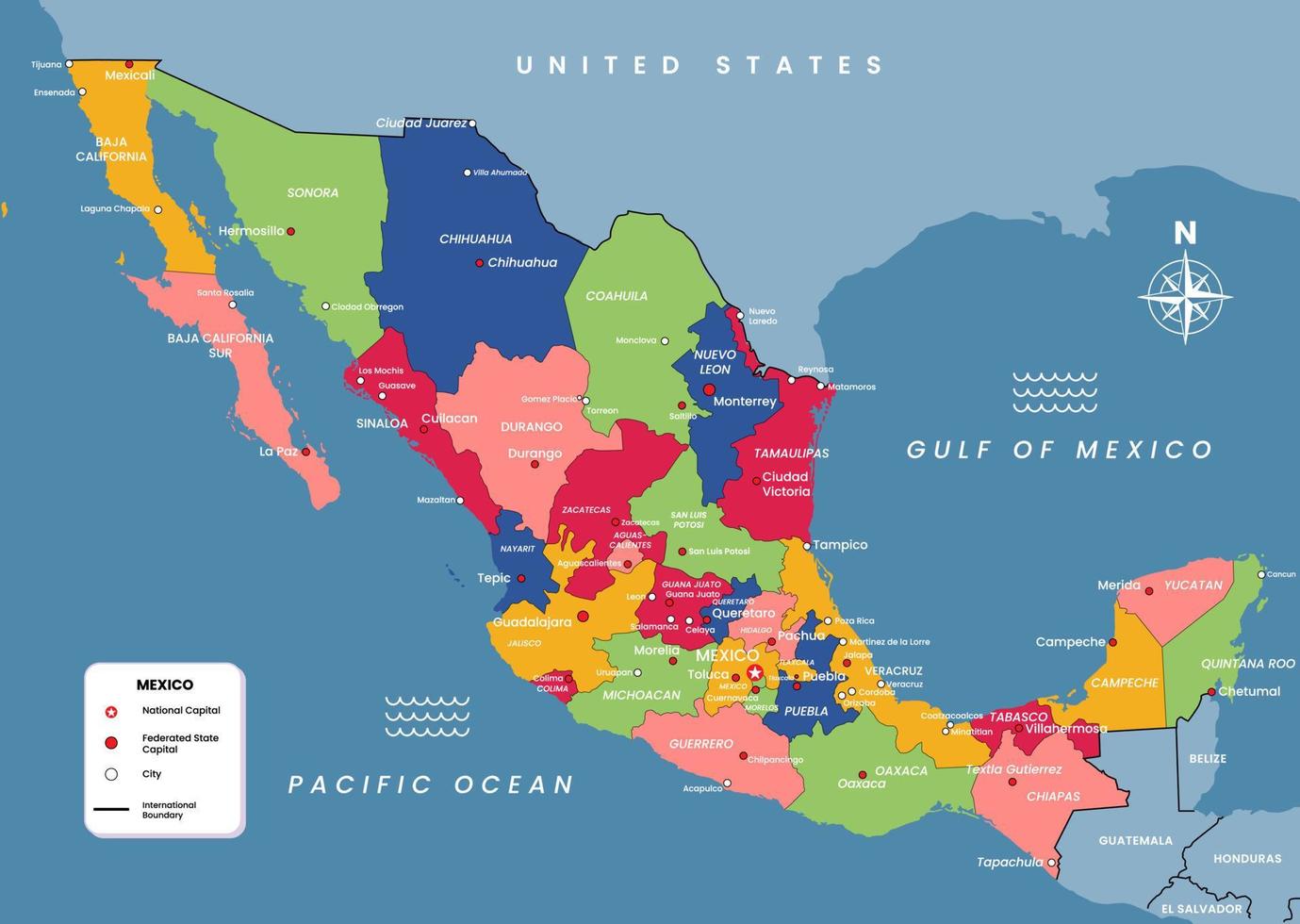 Mexico kaart met staat hoofdstad en stad namen vector