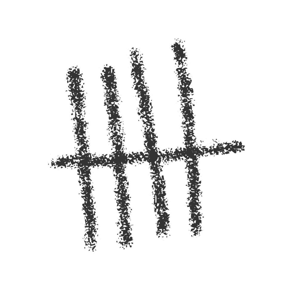 houtskool tally Mark teken. vier zwart hand- getrokken stokjes gekruiste uit door schuine streep lijn. dag tellen symbool Aan gevangenis muur. unair cijfer systeem symbool vector