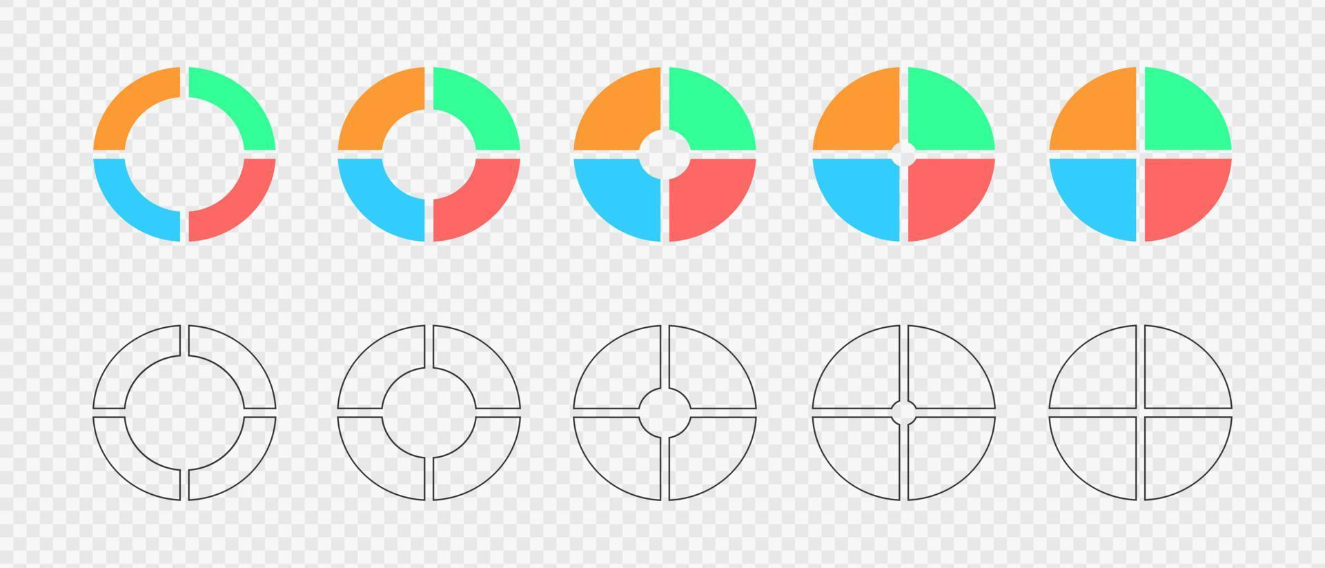 donut grafieken. reeks van infographic wielen verdeeld in 4 veelkleurig en grafisch secties. cirkel diagrammen of bezig met laden bars. ronde vormen besnoeiing in vier Gelijk onderdelen vector