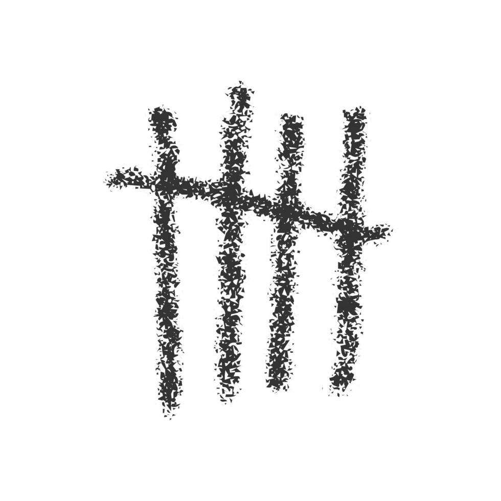 hand- getrokken houtskool tally markering. vier zwart stokjes gekruiste uit door schuine streep lijn. dag tellen symbool Aan gevangenis muur. unair cijfer systeem teken gesymboliseerd aantal 5 vector