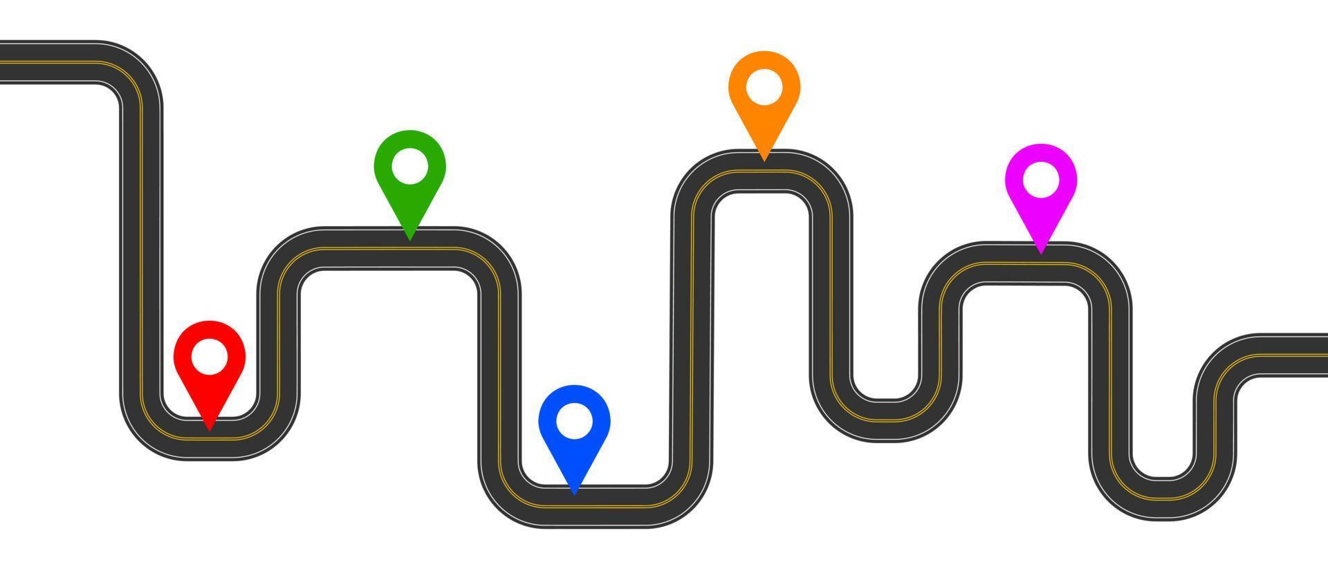 kronkelend routekaart met kleurrijk kaart pinnen tekens. levering, reis, reizen plan infographic sjabloon vector