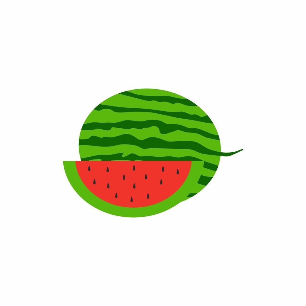 watermeloen en sappige watermeloenplak. gezond zomerfruit concept. minimalistische stijl cartoon fruit. vectorillustratie in gekleurd vers fruit plat ontwerp geïsoleerd op een witte achtergrond vector