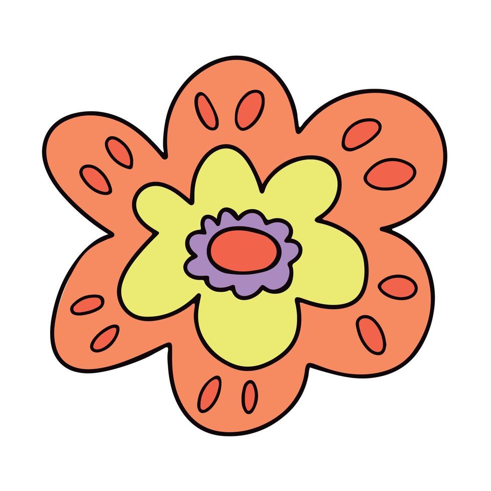 levendig funky levendig bloem retro stijl jaren 70. schattig retro oranje bloem. decoratief primitief kleurrijk bloem vector