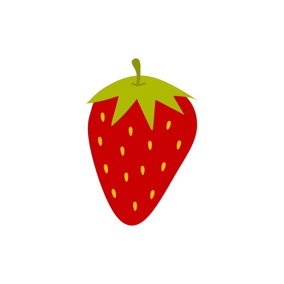 schattig aardbei fruit eten pictogram plat. rijpe sappige aardbeien met groen blad geïsoleerd op een witte achtergrond. kleurrijke cartoon fruit eenvoudige platte cartoon stijl. vector illustratie.