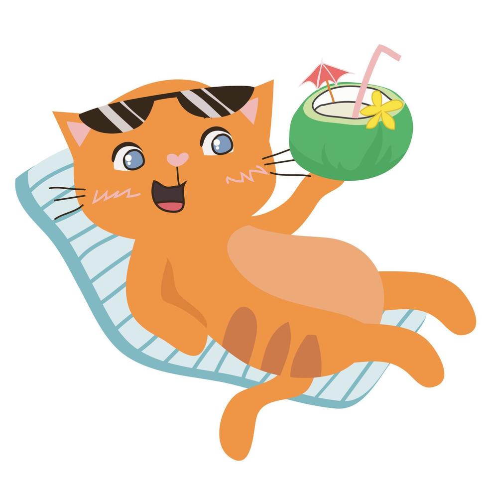 schattig en kawaii oranje kat genieten van de zomer Aan de strand terwijl drinken kokosnoot water Aan wit achtergrond voor kinderen mode kunstwerken, kinderen boeken, verjaardag uitnodigingen, groet kaarten, posters vector