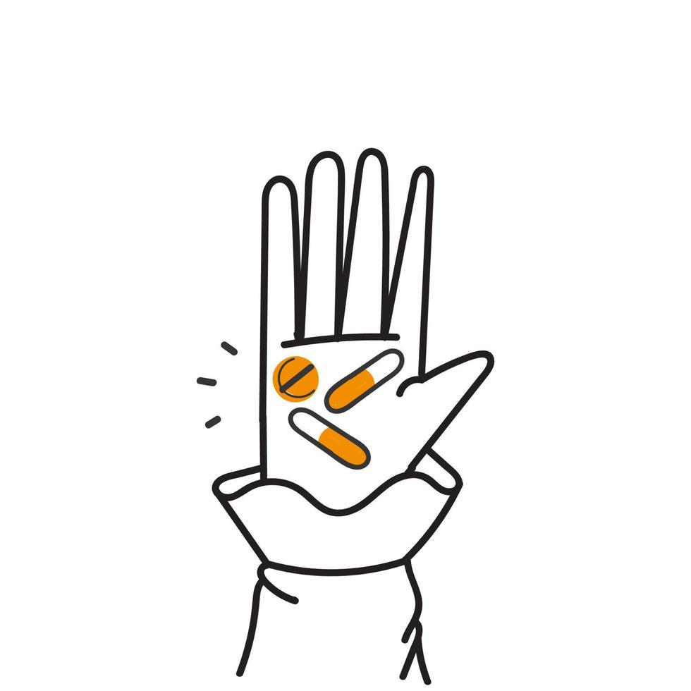 hand- getrokken tekening hand- van vrouw Holding medisch pillen illustratie vector