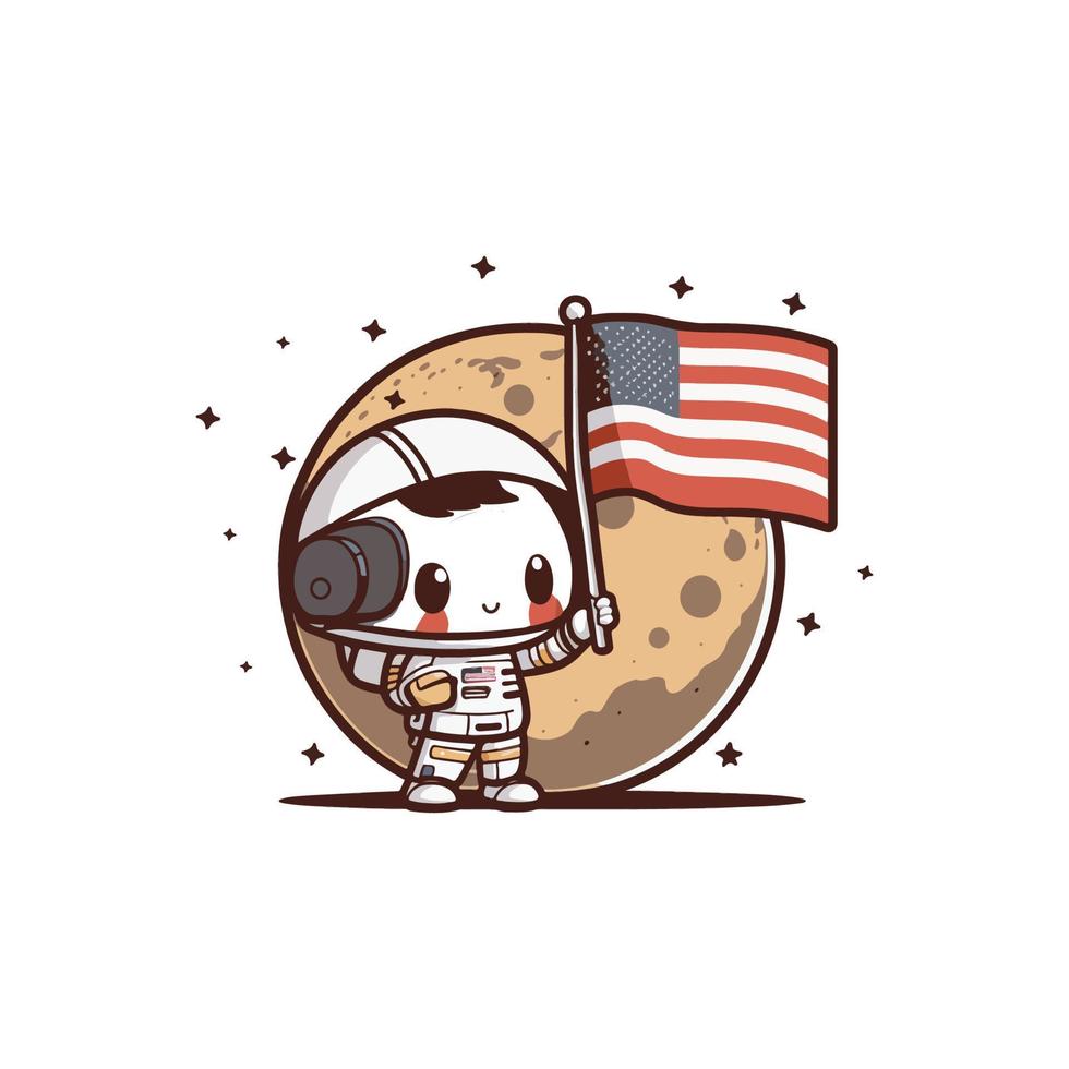 schattig astronaut Holding Amerikaans vlag Aan de maan vector